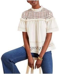 Anthropologie eri + ali Myla Cream Embroidered Lace Blouse Top Medium